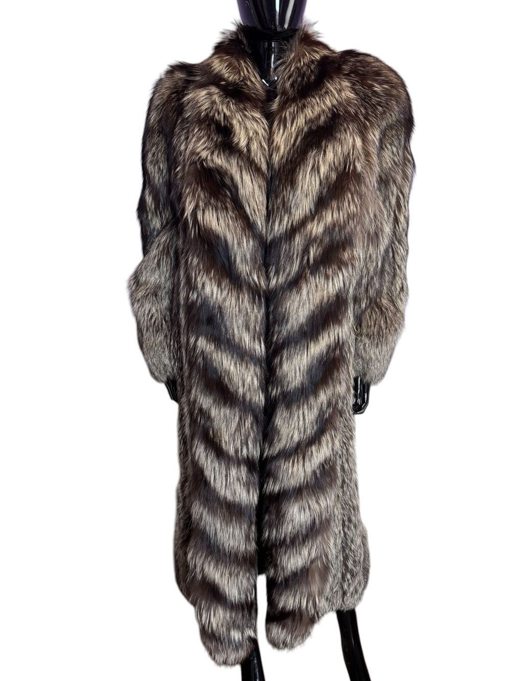 Luxurious Grosvenor Canada Brown & Silver indigo fox Fur Long Coat XL